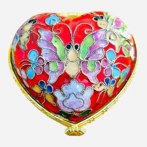 Vintage Cloisonne Red Heart Butterfly Flowers Trinket Box Gold Blue